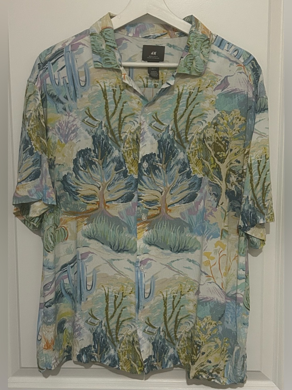 H&M Men’s Short Sleeve Button Down Shirt Colorful Desert Landscape Size M